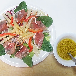 簡易野菜 de　生ハムのサラダ：マスタードソース